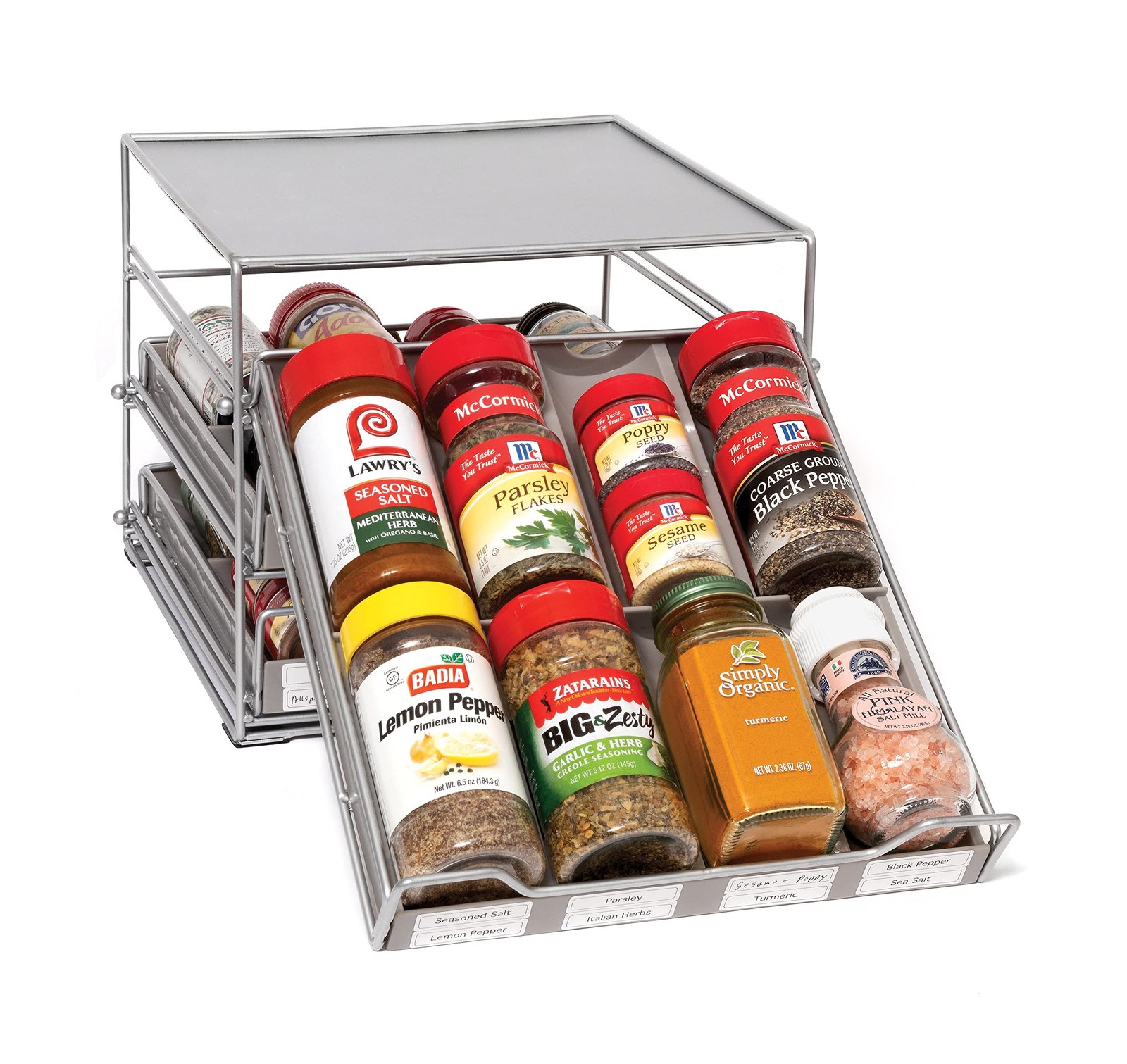 Lipper International 8724 Three-Tier Tilt-Down Kitchen and Cooking Spice Drawer Rack with 96 Labels, Silver, 24 Bottle Capacity - Image 9