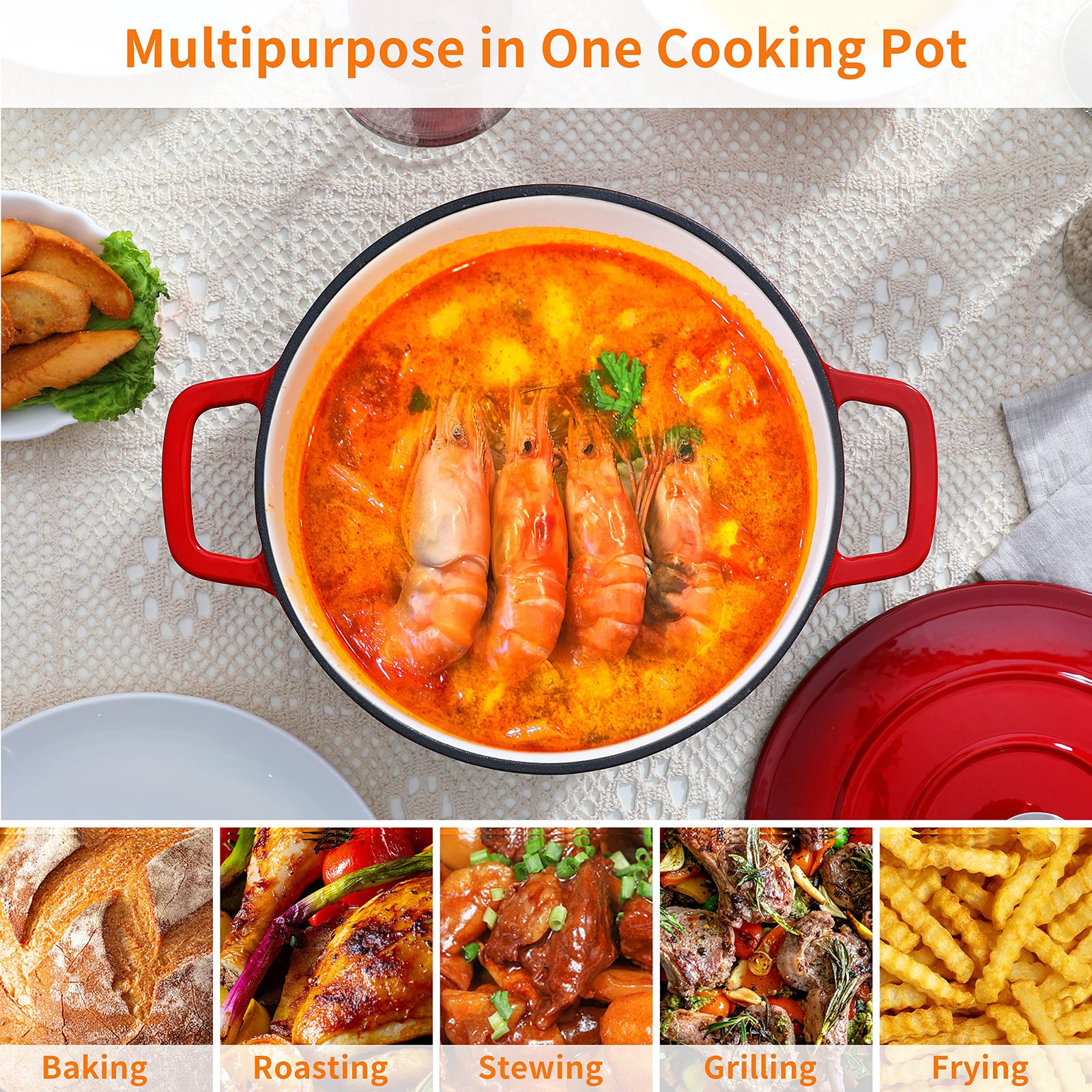 Velaze 6 QT Enameled Cast Iron Dutch Oven, Dual Handles Dutch Oven Pot with Lid,Heavy-Duty Non-stick Round Dutch Oven for Bread Baking, Stewing, Roasting, Good Sealing for All Heat Source (Red) - Image 5