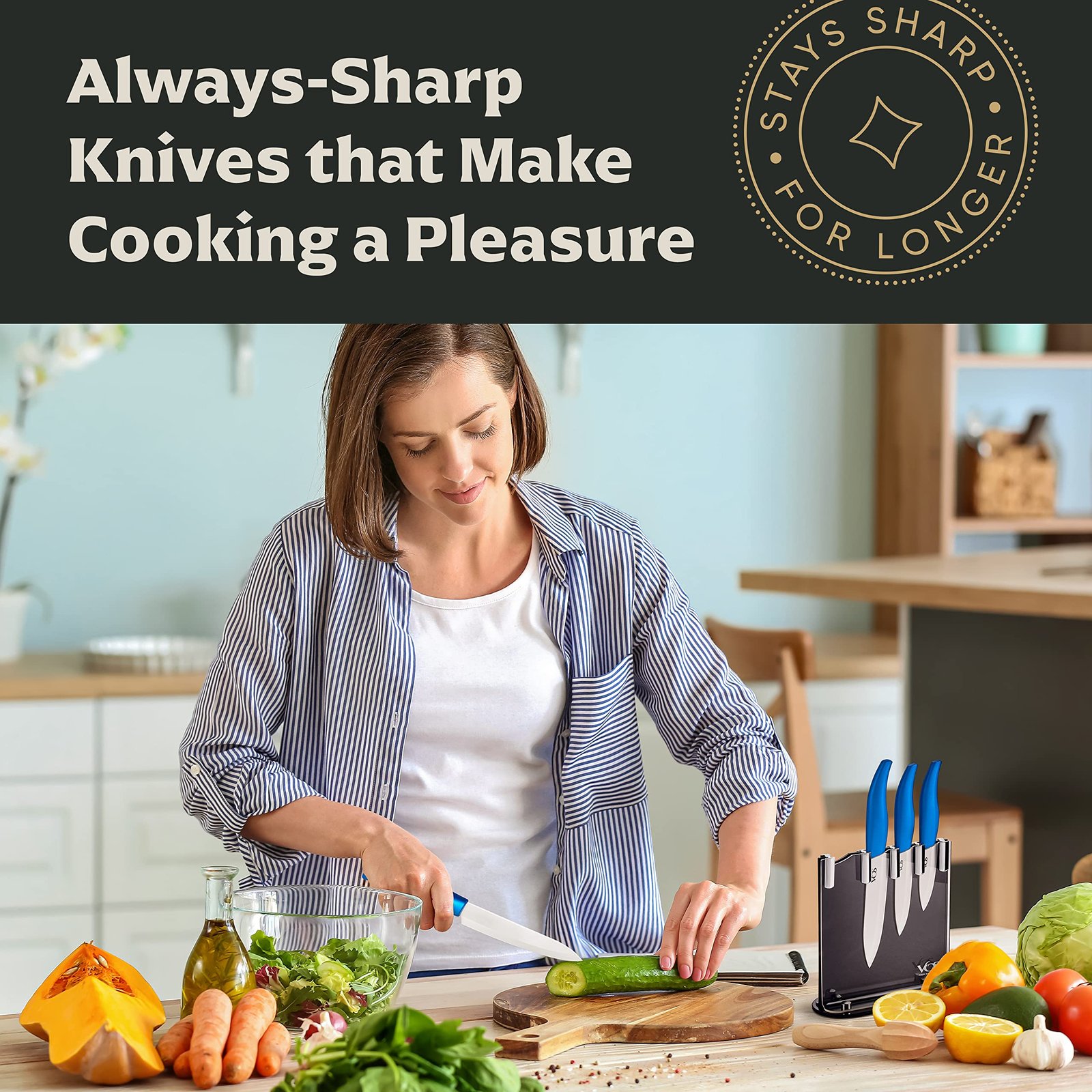 Vos Ceramic Knife Set with Block, Ceramic Knives Set For Kitchen, Ultra Sharp Kitchen Knife Set with Covers, 3" 4" 5" 6" Chef Knife, Utility, Paring & Versatile, Lightweight, Dishwasher safe (Blue) - Image 2