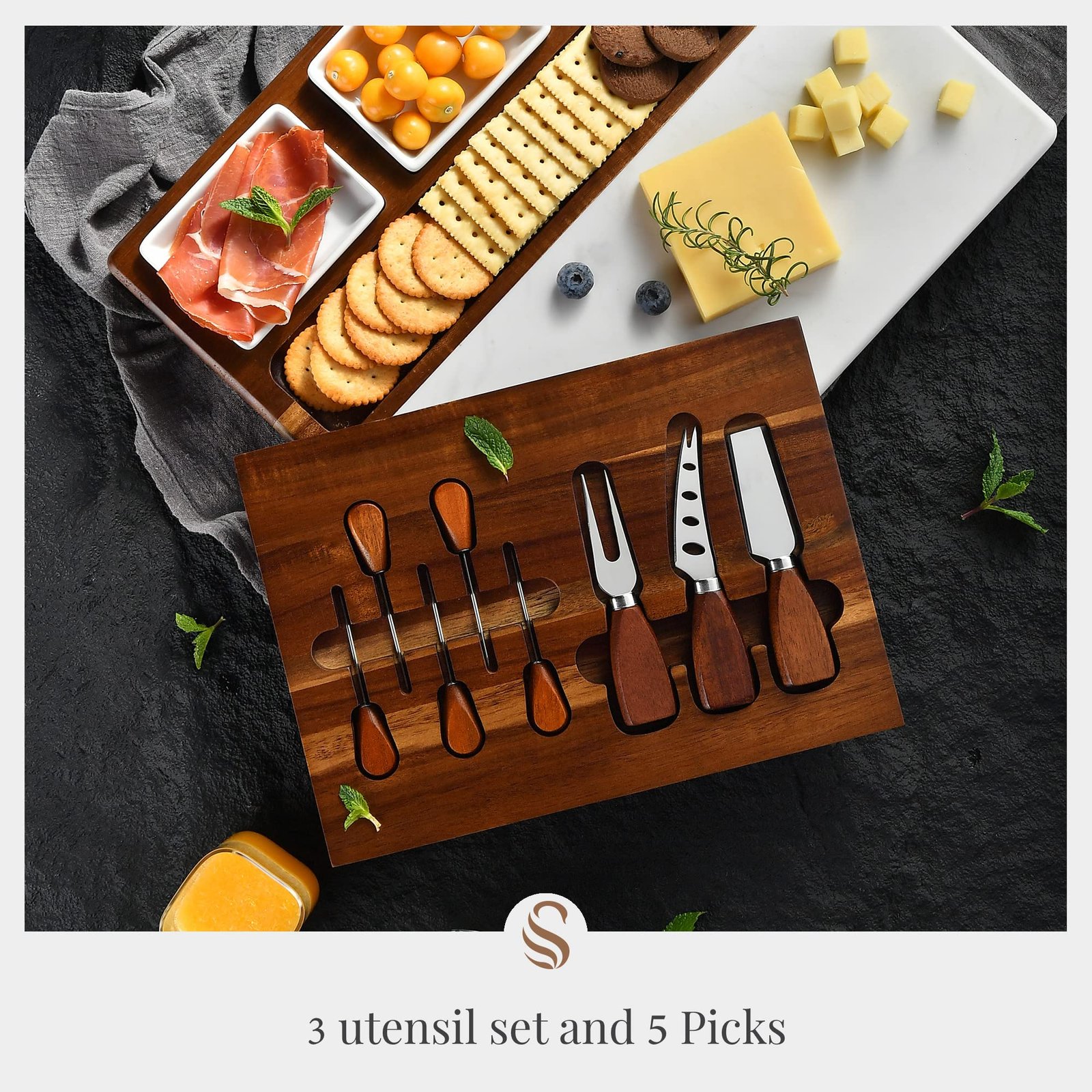 Shanik Wood - Marble Cheese Board Set with 3 Ceramic Bowls - Stainless Steel Cutlery Set, Charcuterie Board Set & Gift for Any Occasion (Without Engraving) - Image 6