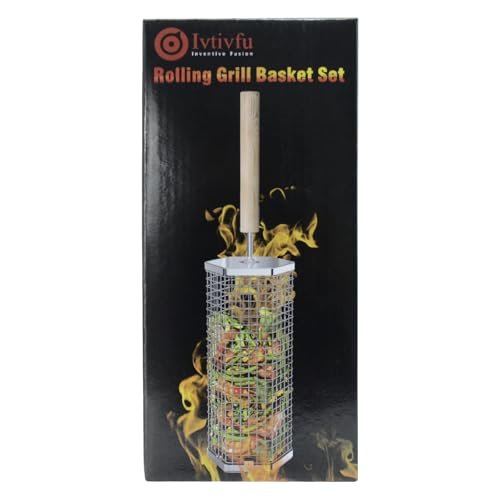 Ivtivfu Rolling Grill Baskets (2PCS, Hexagon), Removable Wooden Handle, 304 Stainless Steel, Nesting Grilling Net, BBQ Accessories Tools for Vegetables Shrimp, Outdoor Cooking Camping, Birthday Gifts for Men Dad Husband - Image 4