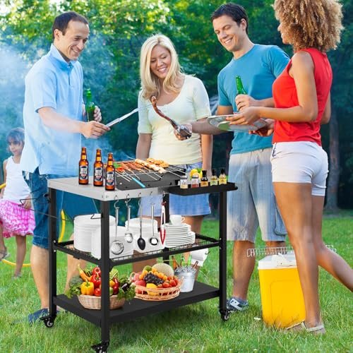Tyfnry Outdoor Grill Cart,36 Inch Stainless Steel Pizza Oven Table with Lockable Wheels, Hooks & Adjustable Mesh, Metal Kitchen Cart Island, Black(36.2'' D x 19.6''W x 31.4''H) - Image 6