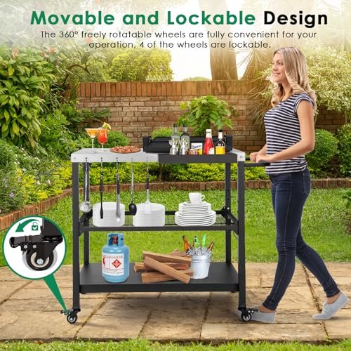 Tyfnry Outdoor Grill Cart,36 Inch Stainless Steel Pizza Oven Table with Lockable Wheels, Hooks & Adjustable Mesh, Metal Kitchen Cart Island, Black(36.2'' D x 19.6''W x 31.4''H) - Image 7