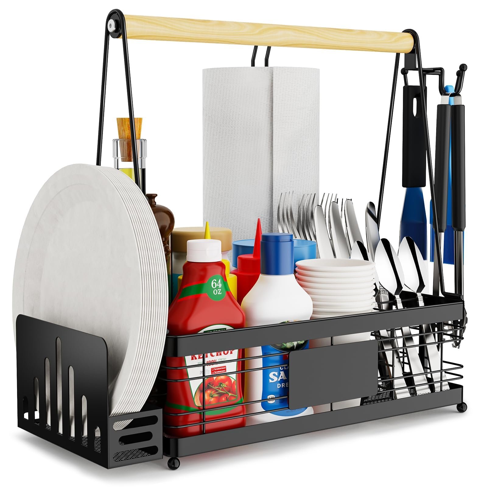 GUIBUKEYAN Grill Caddy with Plate Holder and Paper Towel Holder, Picnic BBQ Condiment Utensil Organizer Caddy for Outdoor Cooking, Rv, Camping Essential, Camper Must Haves, Grilling Gifts for Men