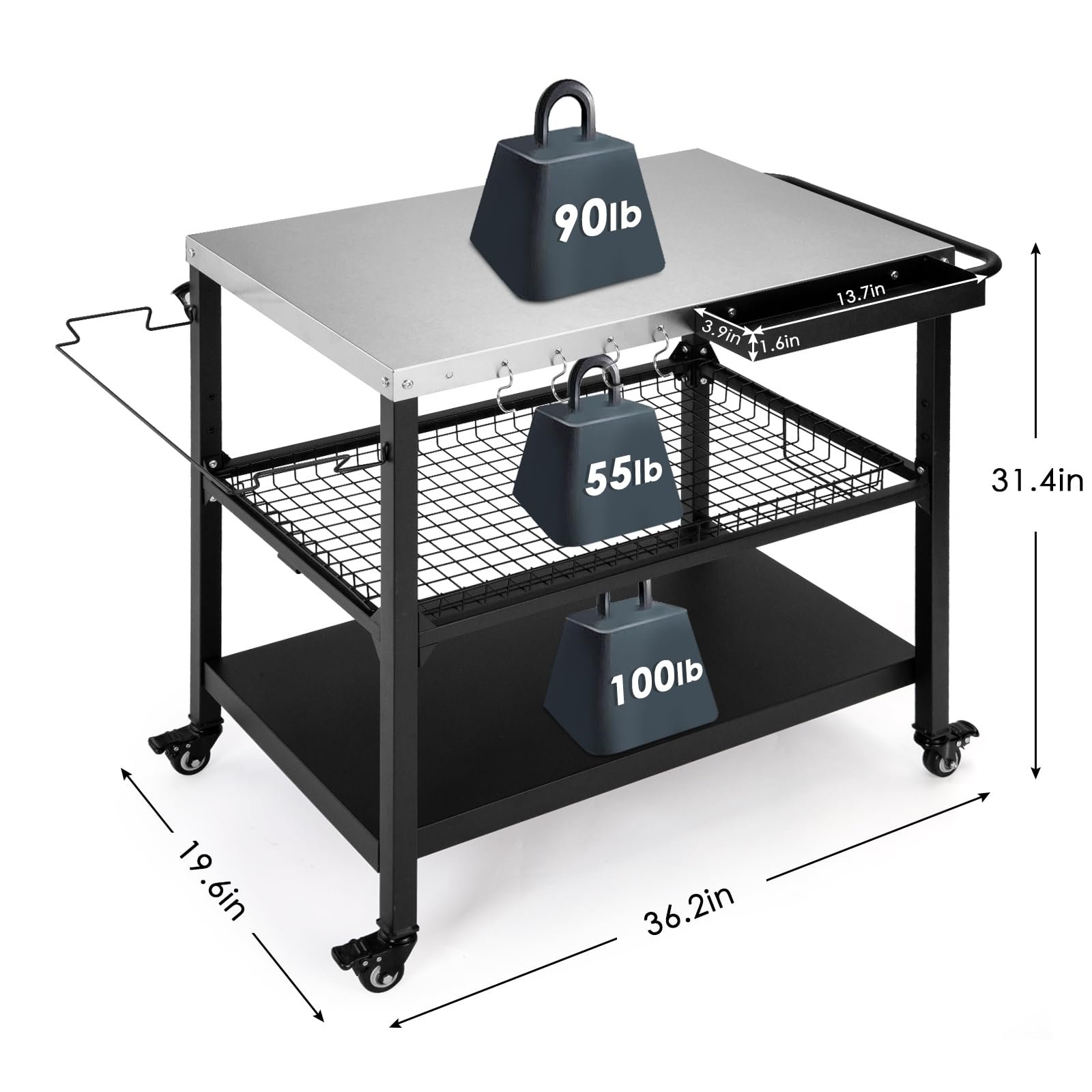 Tyfnry Outdoor Grill Cart,36 Inch Stainless Steel Pizza Oven Table with Lockable Wheels, Hooks & Adjustable Mesh, Metal Kitchen Cart Island, Black(36.2'' D x 19.6''W x 31.4''H) - Image 3