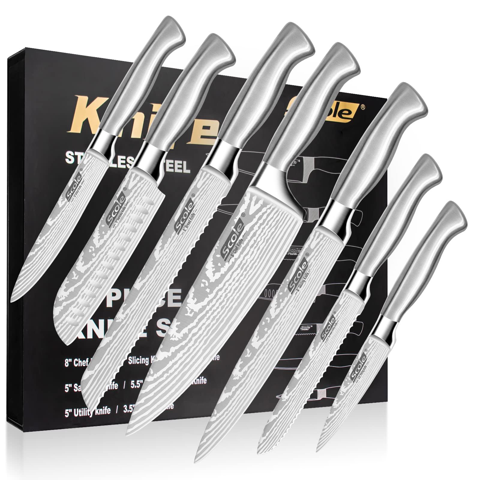 SCOLE® Chef Knife Ultra Sharp Kitchen Knife Set 7-Piece, Premium German 1.4116 Stainless Steel Chefs Knife Set, Ergonomic Handle Professional Knives Set for Kitchen with Gift Box