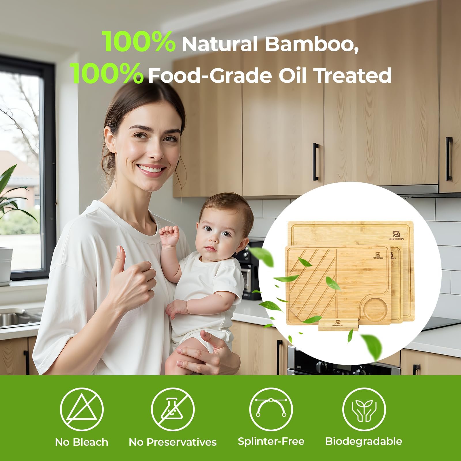 Piklohas Bamboo Cutting Boards Large Set of 4 for Kitchen, Wood Charcuterie Chopping Board with Holder Non Slip, Steak Serving Tray with Juice Groove, Big Butcher Block for Cheese, Ideal for Gift - Image 4