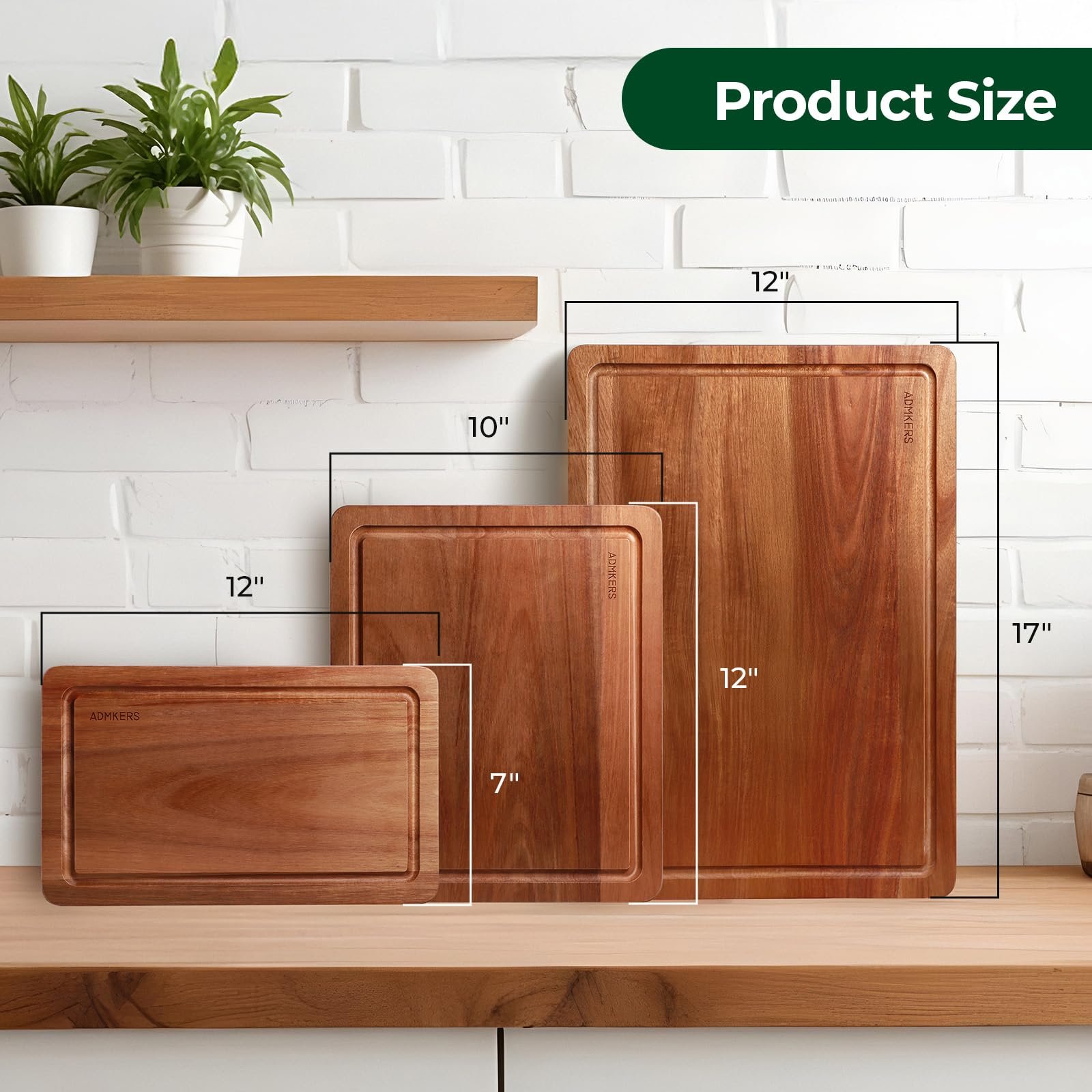 Wood Cutting Board, Acacia Cutting Boards for Kitchen, Set of 3, Solid Charcuterie Board with Juice Groove, Large Wooden Chopping Board for Meat, Cheese, Fruit, Vegetables (17x12, 12x10, 12x7 inch) - Image 6