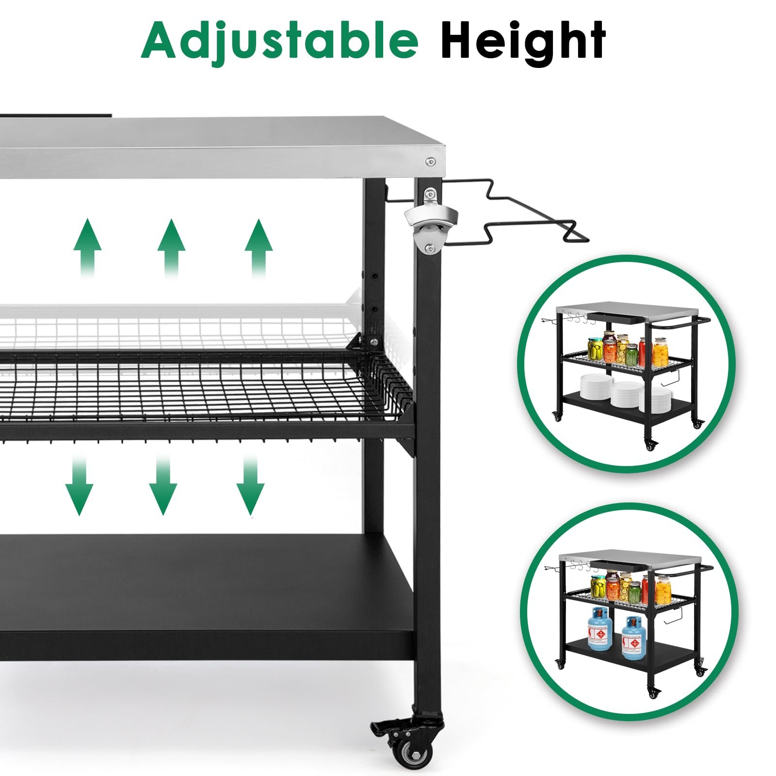 Tyfnry Outdoor Grill Cart,36 Inch Stainless Steel Pizza Oven Table with Lockable Wheels, Hooks & Adjustable Mesh, Metal Kitchen Cart Island, Black(36.2'' D x 19.6''W x 31.4''H) - Image 2