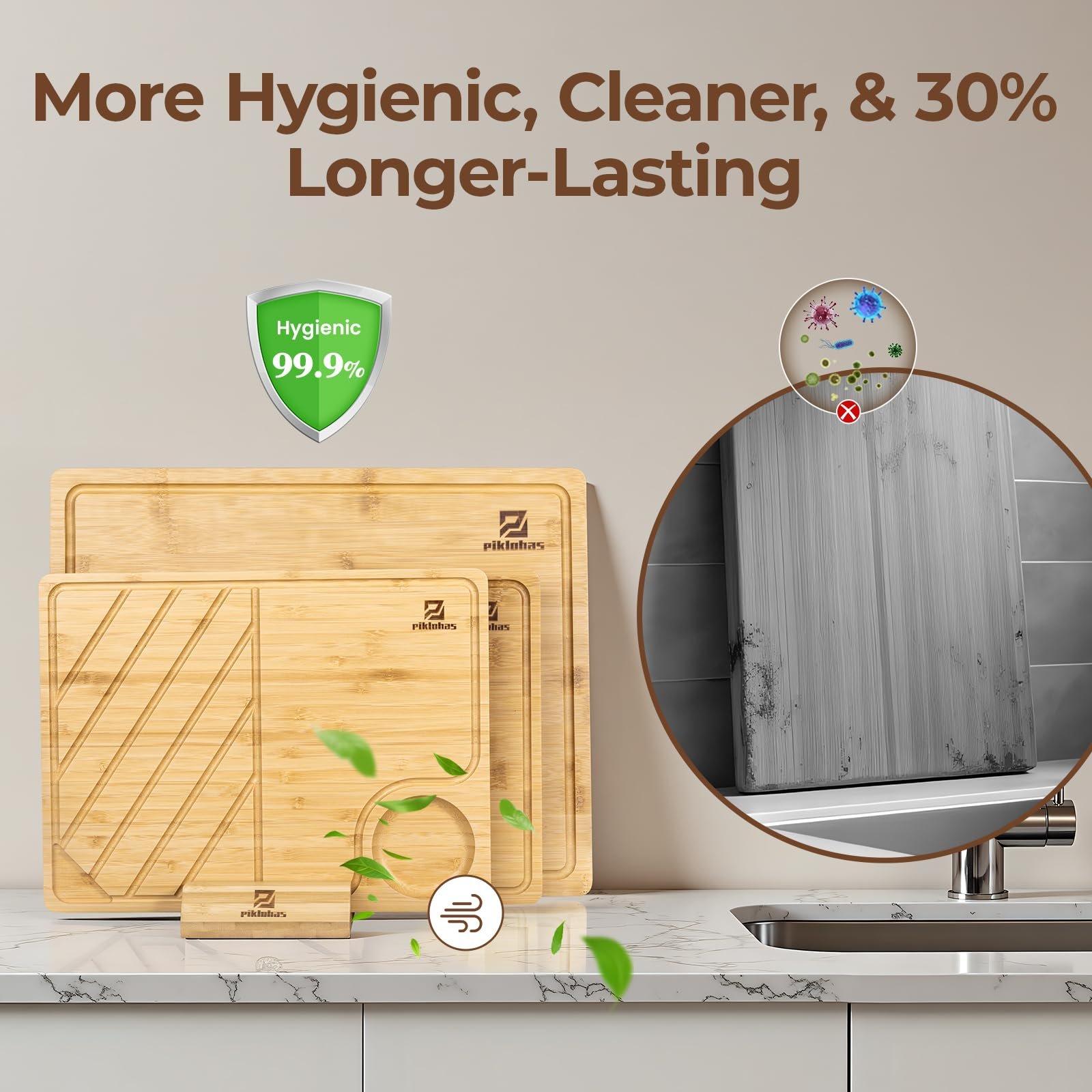 Piklohas Bamboo Cutting Boards Large Set of 4 for Kitchen, Wood Charcuterie Chopping Board with Holder Non Slip, Steak Serving Tray with Juice Groove, Big Butcher Block for Cheese, Ideal for Gift - Image 7