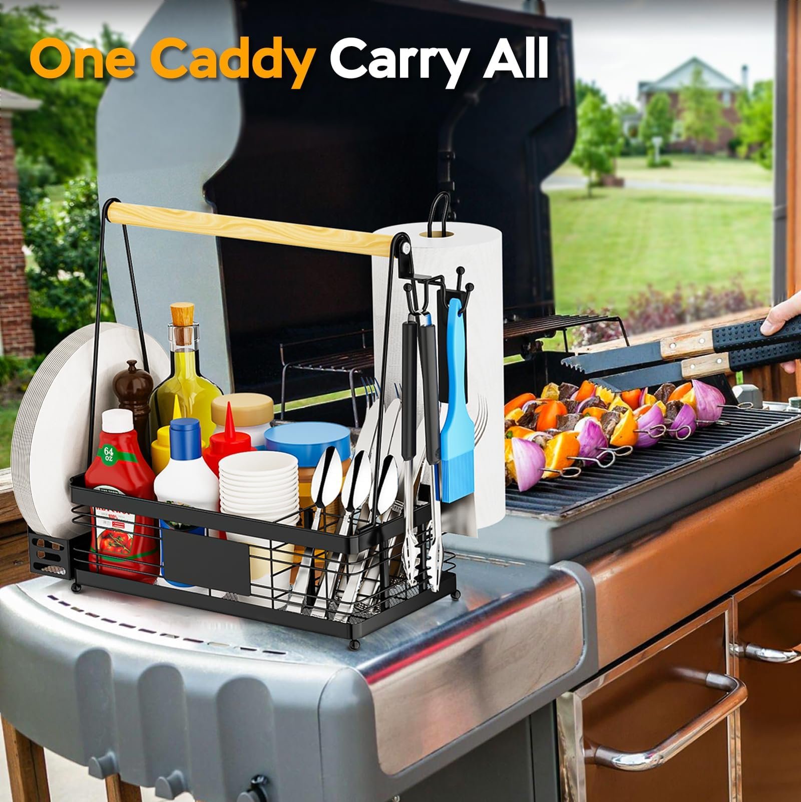 GUIBUKEYAN Grill Caddy with Plate Holder and Paper Towel Holder, Picnic BBQ Condiment Utensil Organizer Caddy for Outdoor Cooking, Rv, Camping Essential, Camper Must Haves, Grilling Gifts for Men - Image 7