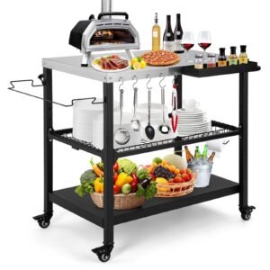 Tyfnry Outdoor Grill Cart,36 Inch Stainless Steel Pizza Oven Table with Lockable Wheels, Hooks & Adjustable Mesh, Metal Kitchen Cart Island, Black(36.2'' D x 19.6''W x 31.4''H)
