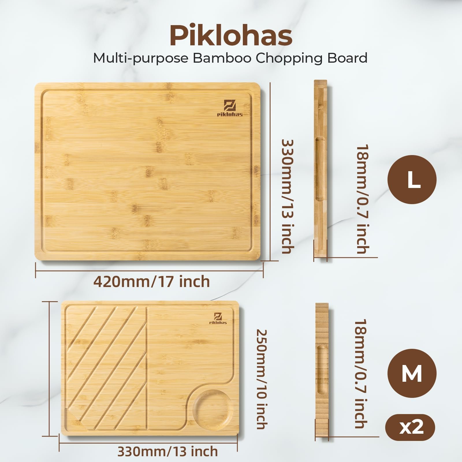Piklohas Bamboo Cutting Boards Large Set of 4 for Kitchen, Wood Charcuterie Chopping Board with Holder Non Slip, Steak Serving Tray with Juice Groove, Big Butcher Block for Cheese, Ideal for Gift - Image 2