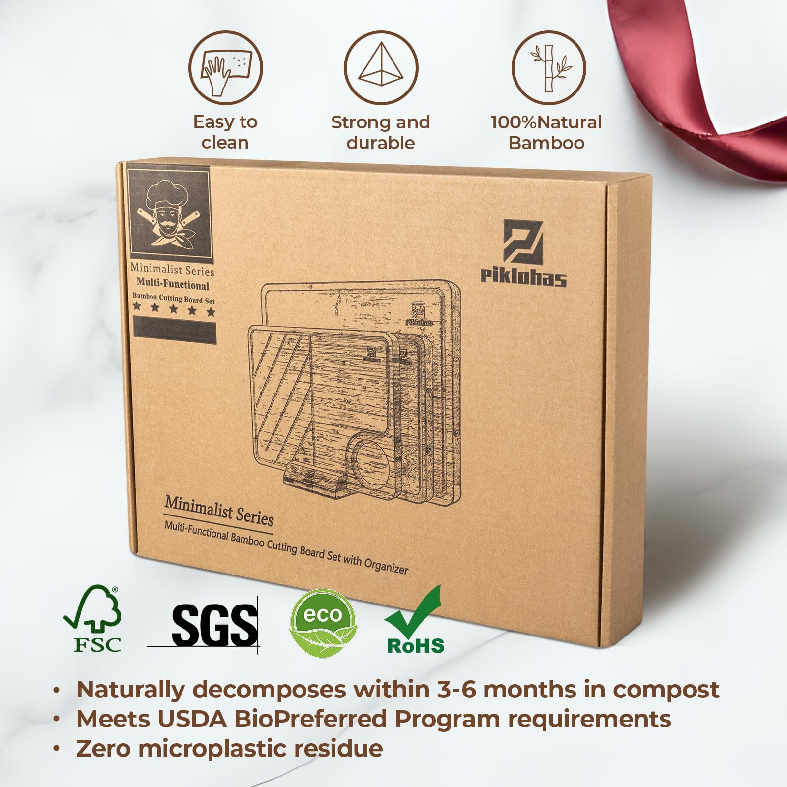 Piklohas Bamboo Cutting Boards Large Set of 4 for Kitchen, Wood Charcuterie Chopping Board with Holder Non Slip, Steak Serving Tray with Juice Groove, Big Butcher Block for Cheese, Ideal for Gift - Image 3