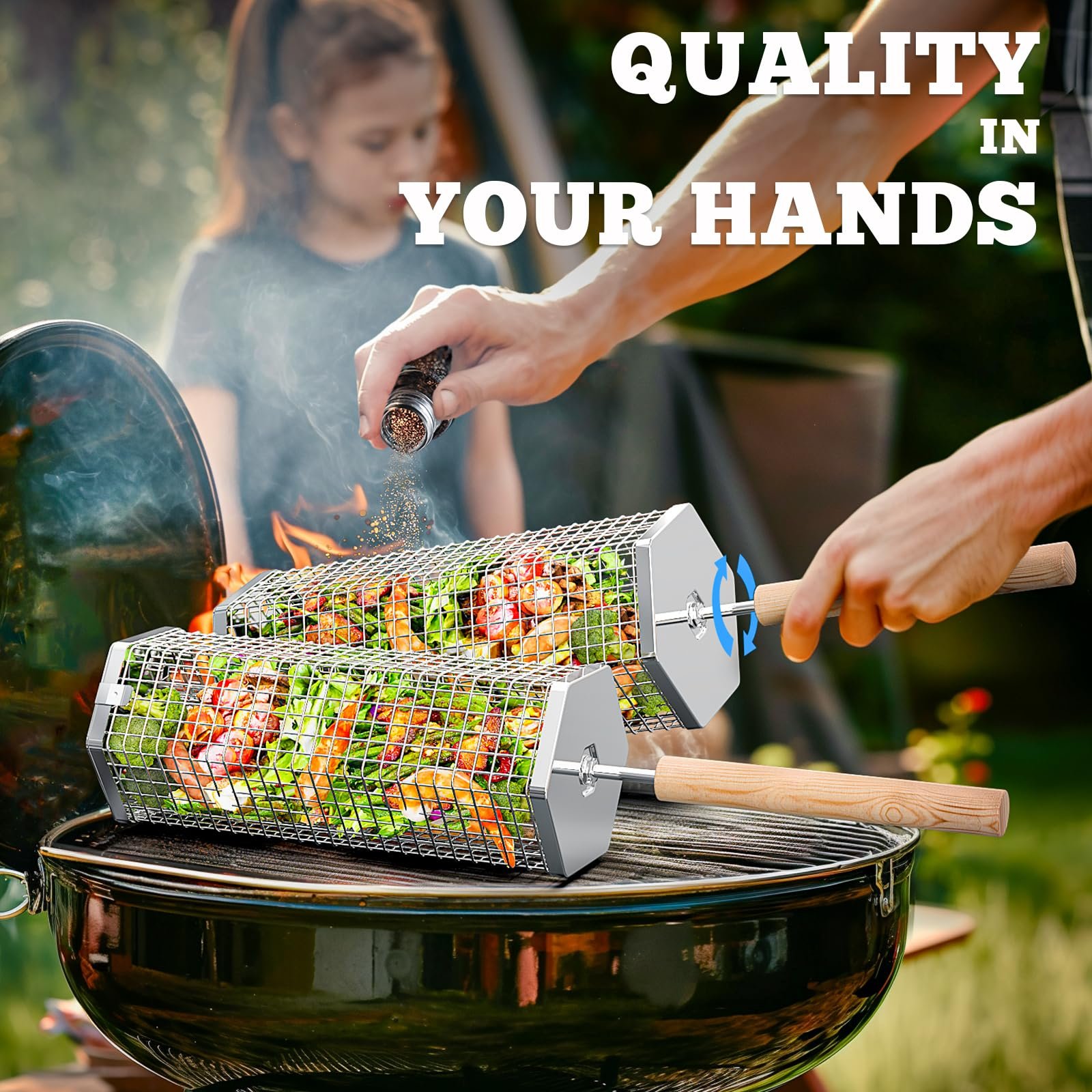 Ivtivfu Rolling Grill Baskets (2PCS, Hexagon), Removable Wooden Handle, 304 Stainless Steel, Nesting Grilling Net, BBQ Accessories Tools for Vegetables Shrimp, Outdoor Cooking Camping, Birthday Gifts for Men Dad Husband - Image 12