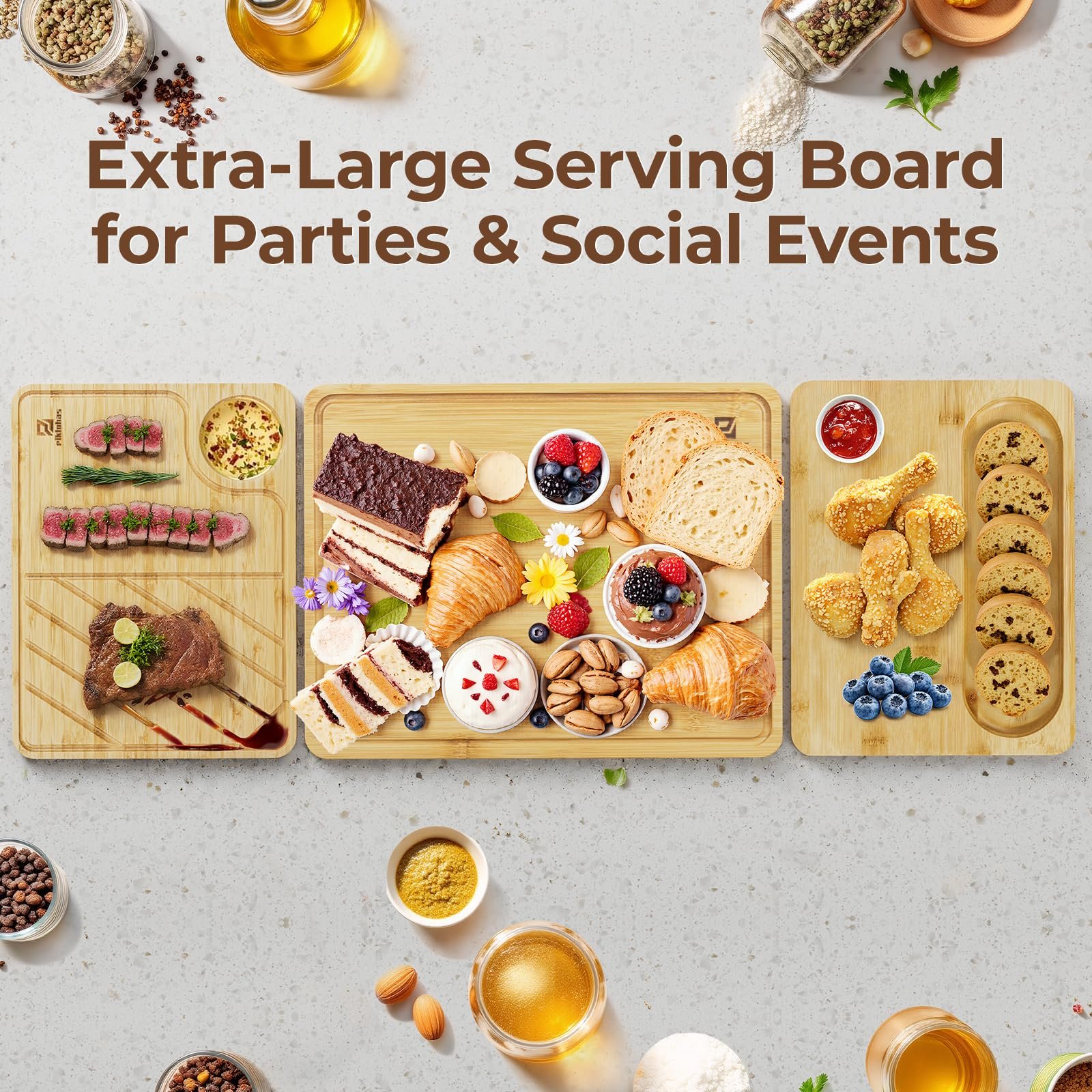 Piklohas Bamboo Cutting Boards Large Set of 4 for Kitchen, Wood Charcuterie Chopping Board with Holder Non Slip, Steak Serving Tray with Juice Groove, Big Butcher Block for Cheese, Ideal for Gift - Image 6