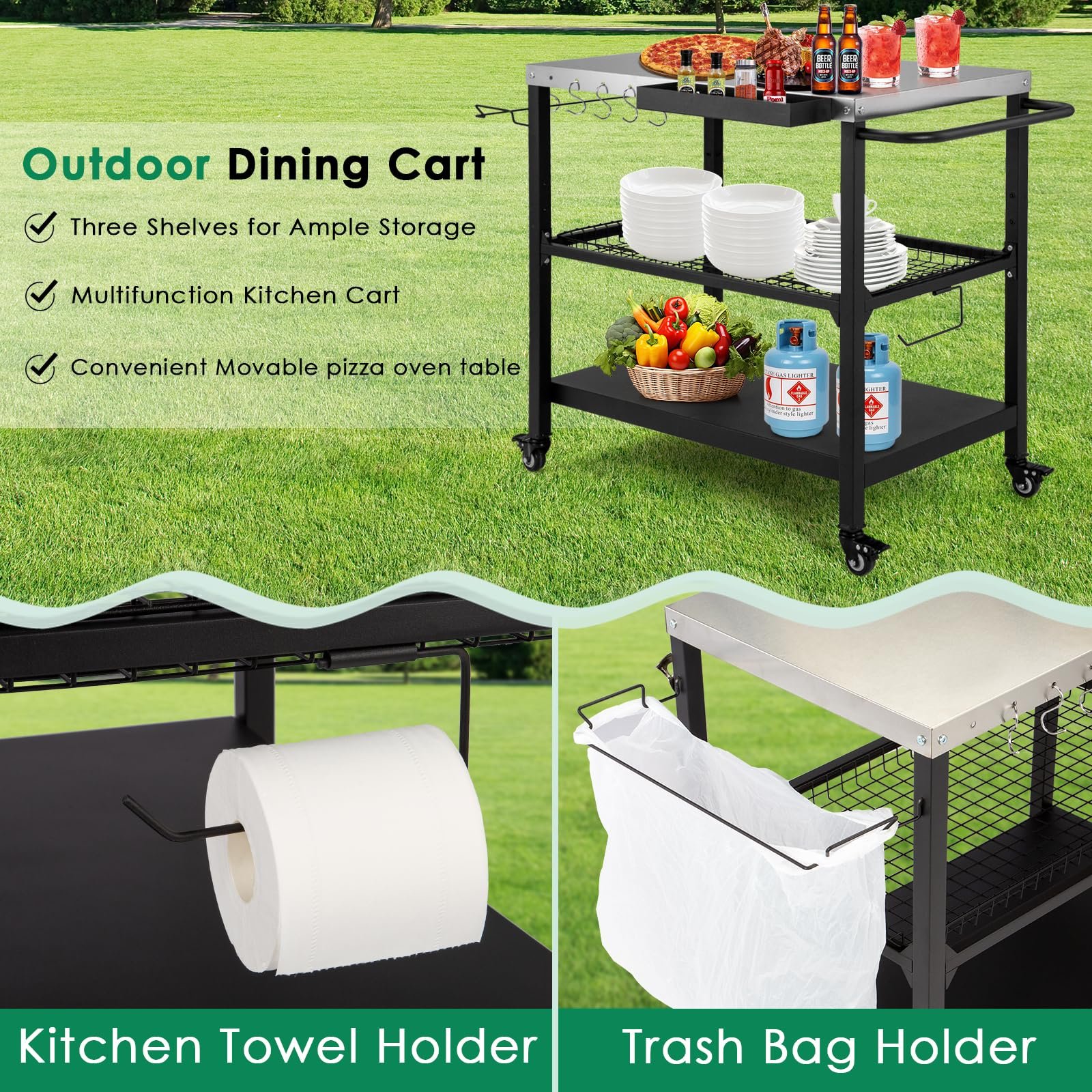 Tyfnry Outdoor Grill Cart,36 Inch Stainless Steel Pizza Oven Table with Lockable Wheels, Hooks & Adjustable Mesh, Metal Kitchen Cart Island, Black(36.2'' D x 19.6''W x 31.4''H) - Image 4