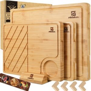 Piklohas Bamboo Cutting Boards Large Set of 4 for Kitchen, Wood Charcuterie Chopping Board with Holder Non Slip, Steak Serving Tray with Juice Groove, Big Butcher Block for Cheese, Ideal for Gift