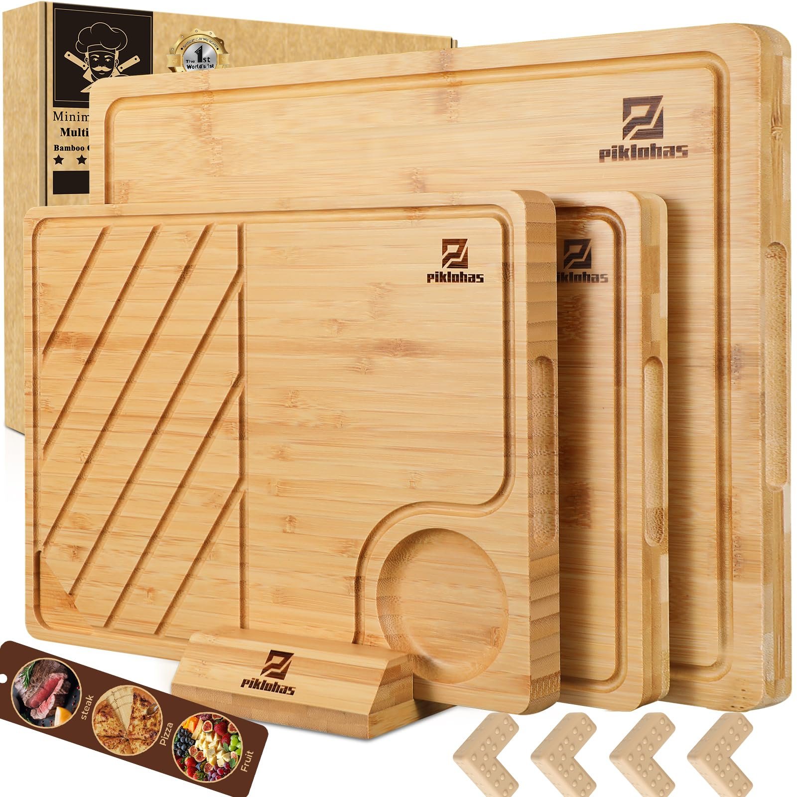Piklohas Bamboo Cutting Boards Large Set of 4 for Kitchen, Wood Charcuterie Chopping Board with Holder Non Slip, Steak Serving Tray with Juice Groove, Big Butcher Block for Cheese, Ideal for Gift