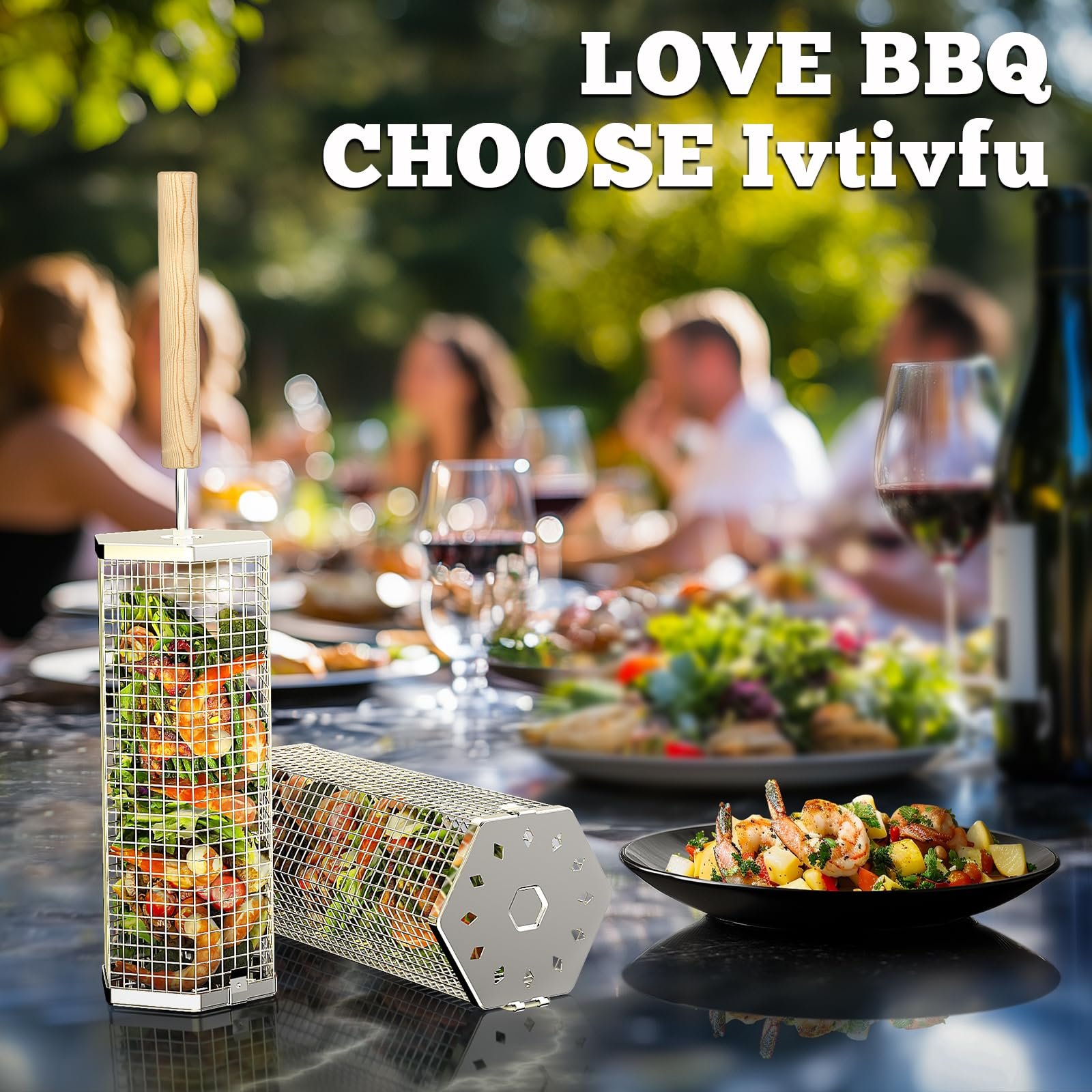 Ivtivfu Rolling Grill Baskets (2PCS, Hexagon), Removable Wooden Handle, 304 Stainless Steel, Nesting Grilling Net, BBQ Accessories Tools for Vegetables Shrimp, Outdoor Cooking Camping, Birthday Gifts for Men Dad Husband - Image 9