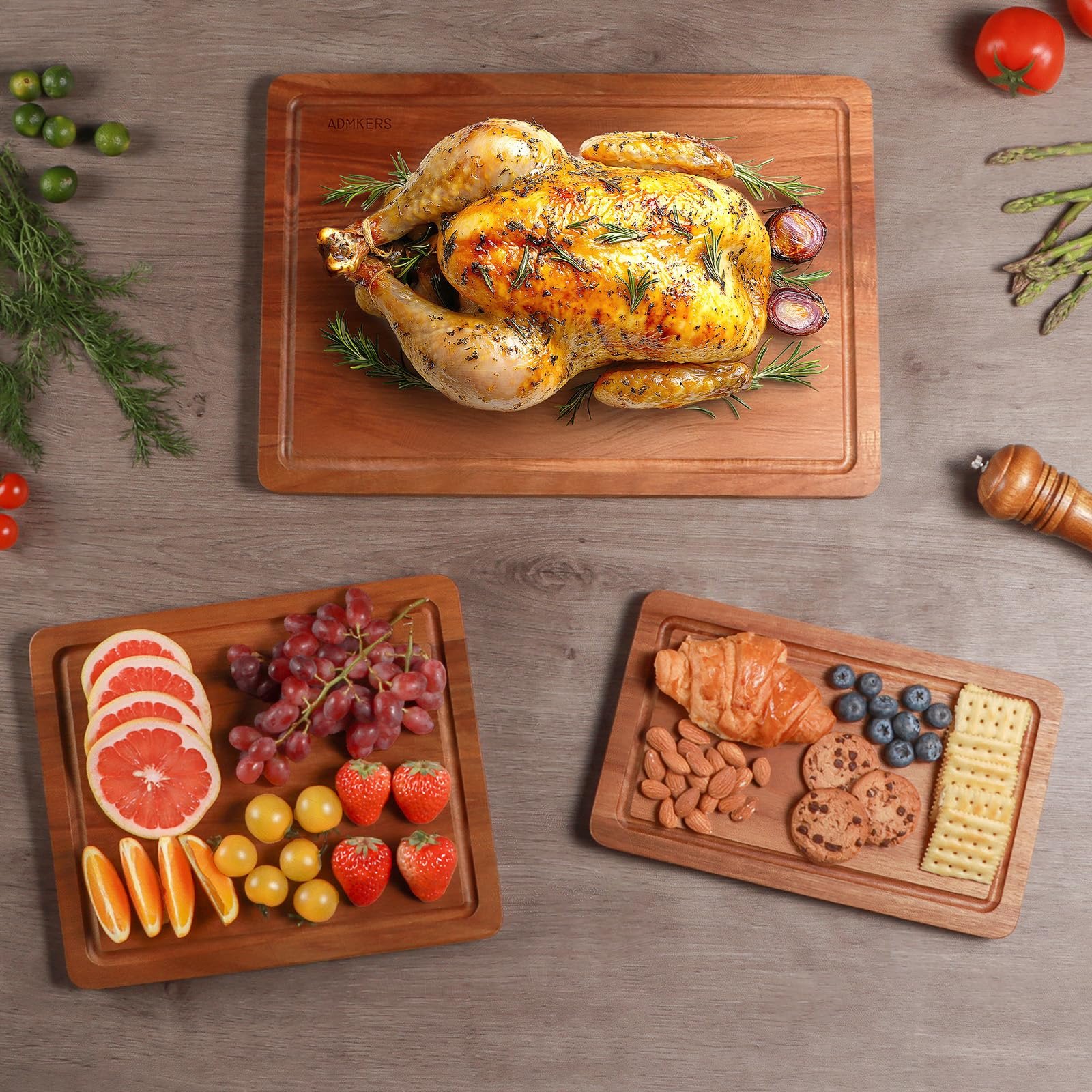 Wood Cutting Board, Acacia Cutting Boards for Kitchen, Set of 3, Solid Charcuterie Board with Juice Groove, Large Wooden Chopping Board for Meat, Cheese, Fruit, Vegetables (17x12, 12x10, 12x7 inch) - Image 2