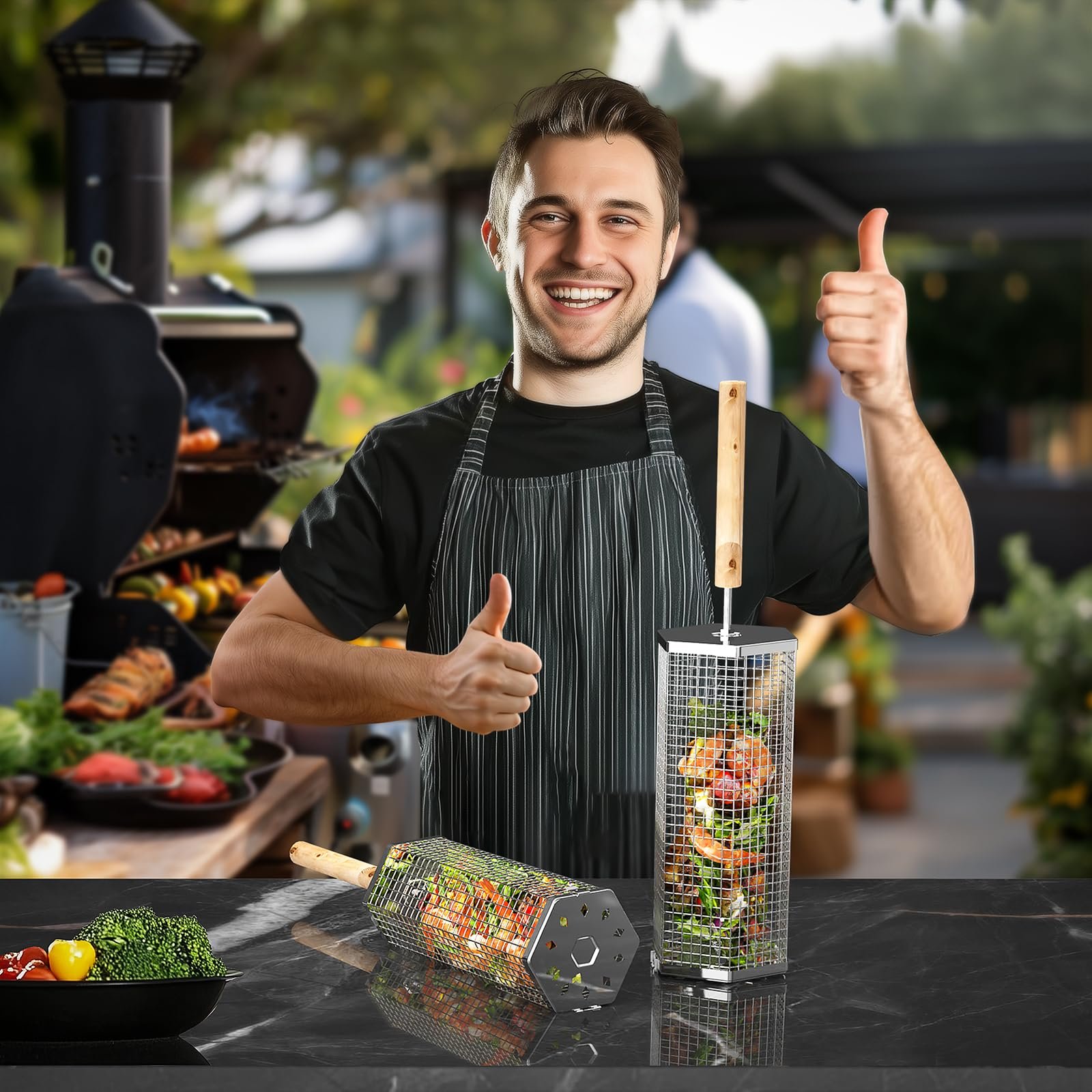 Ivtivfu Rolling Grill Baskets (2PCS, Hexagon), Removable Wooden Handle, 304 Stainless Steel, Nesting Grilling Net, BBQ Accessories Tools for Vegetables Shrimp, Outdoor Cooking Camping, Birthday Gifts for Men Dad Husband - Image 8