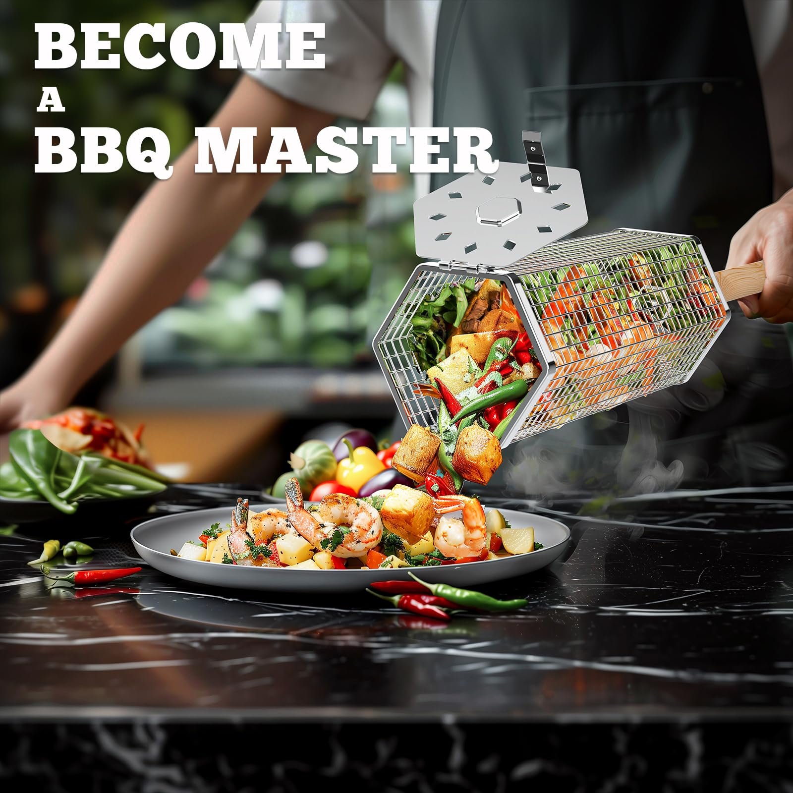 Ivtivfu Rolling Grill Baskets (2PCS, Hexagon), Removable Wooden Handle, 304 Stainless Steel, Nesting Grilling Net, BBQ Accessories Tools for Vegetables Shrimp, Outdoor Cooking Camping, Birthday Gifts for Men Dad Husband - Image 11