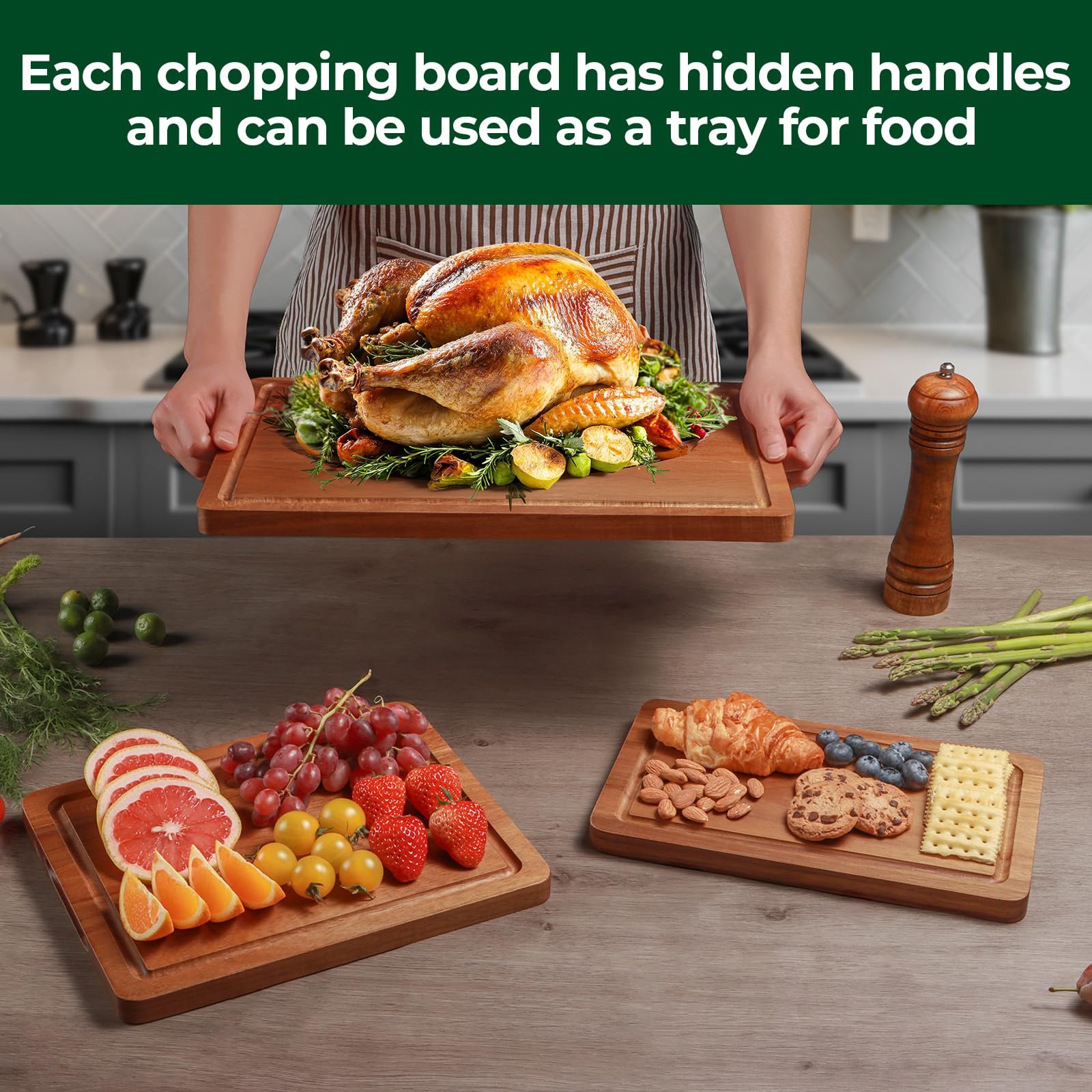 Wood Cutting Board, Acacia Cutting Boards for Kitchen, Set of 3, Solid Charcuterie Board with Juice Groove, Large Wooden Chopping Board for Meat, Cheese, Fruit, Vegetables (17x12, 12x10, 12x7 inch) - Image 7